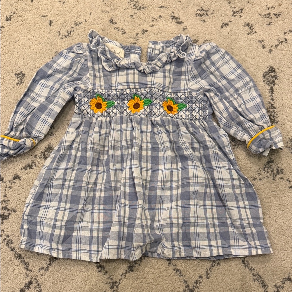 Plaid Dress with Sunflower Embroidery